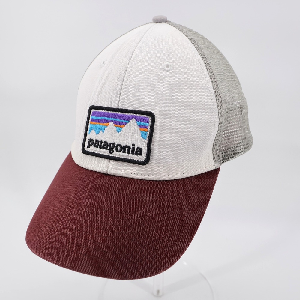 Patagonia Fitz Roy Logo Trucker Hat White Burgundy OSFA Unisex